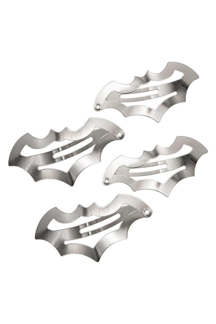 Four metallic bat-shaped hair clips on a white background