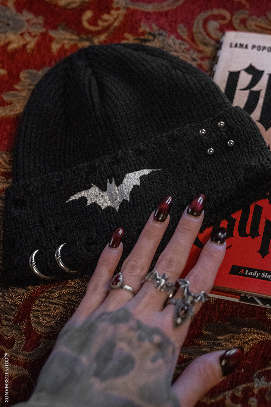 embroidered vampire bat nosferatu beanie hat