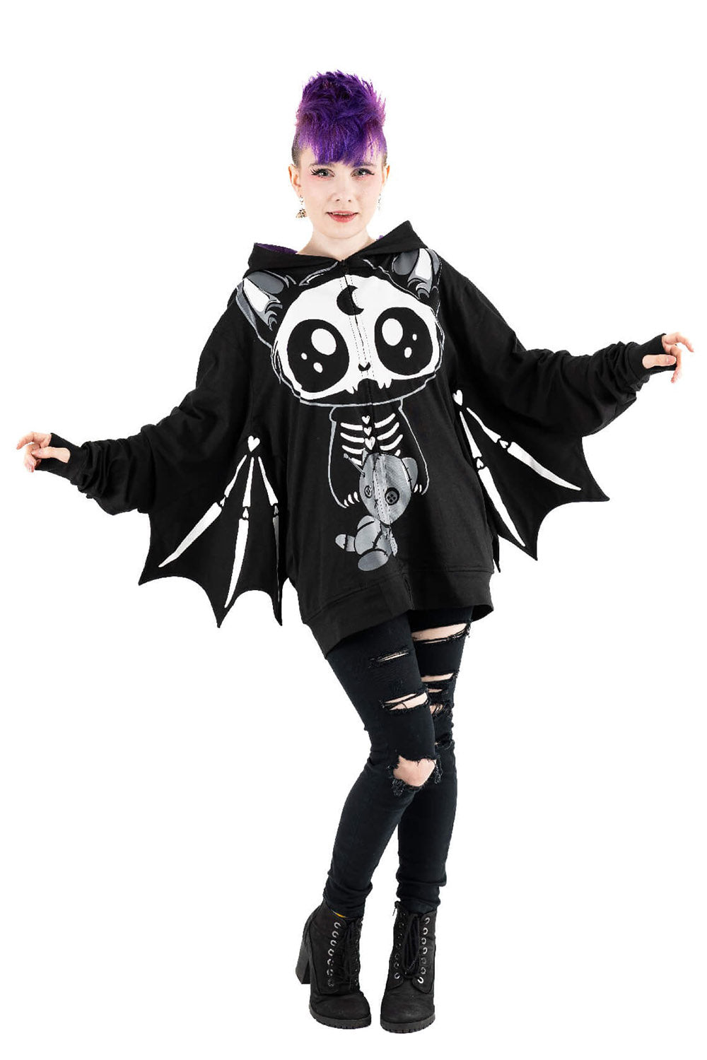 kawaii cat skeleton graphic hoodie with batwings