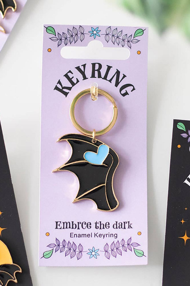 metal and enamel black batwing keyring keychain