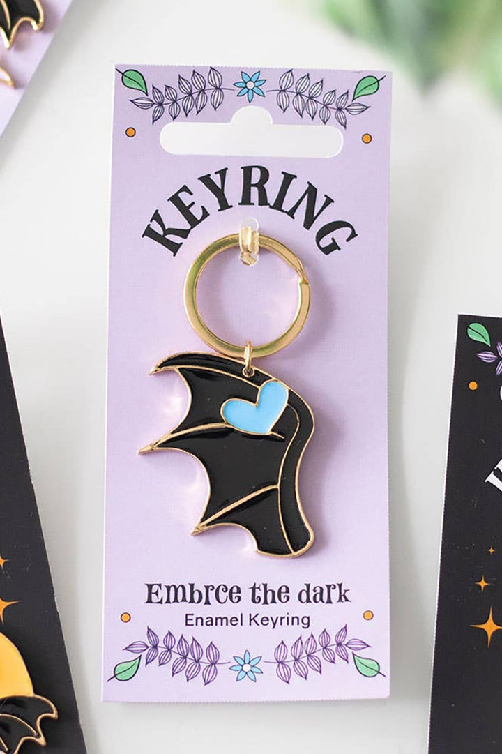 metal and enamel black batwing keyring keychain