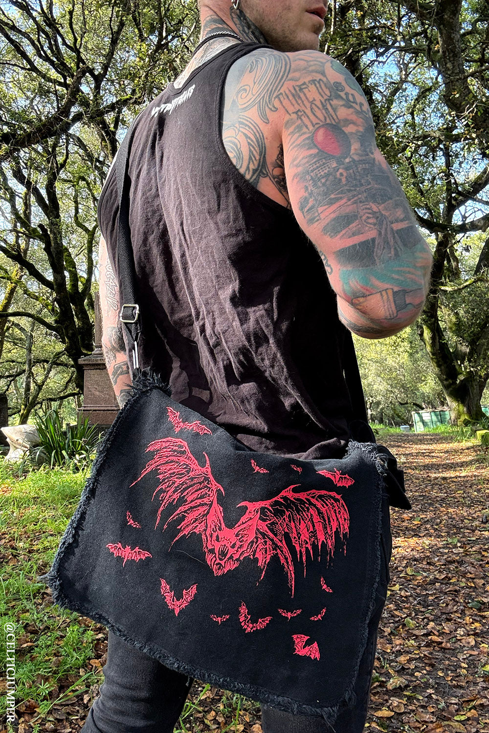 vampire bat distressed messenger bag