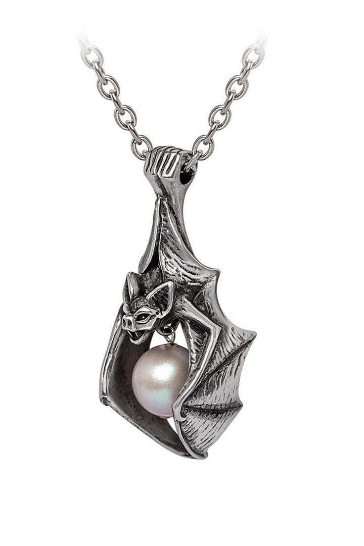 Silver bat pendant with a pearl on a white background
