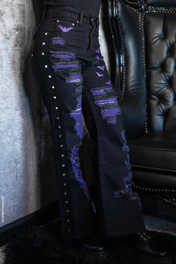 black denim gothic shredded womens pants