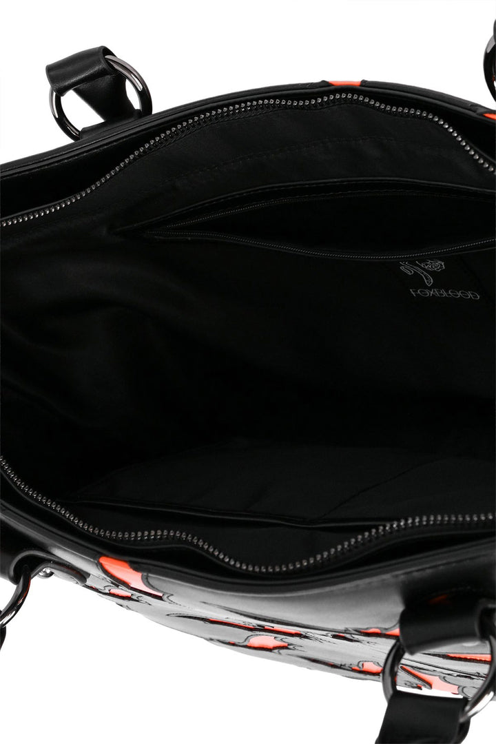 vegan leather halloween goth pumpkin orange and black large bat purse with overall bat pattern