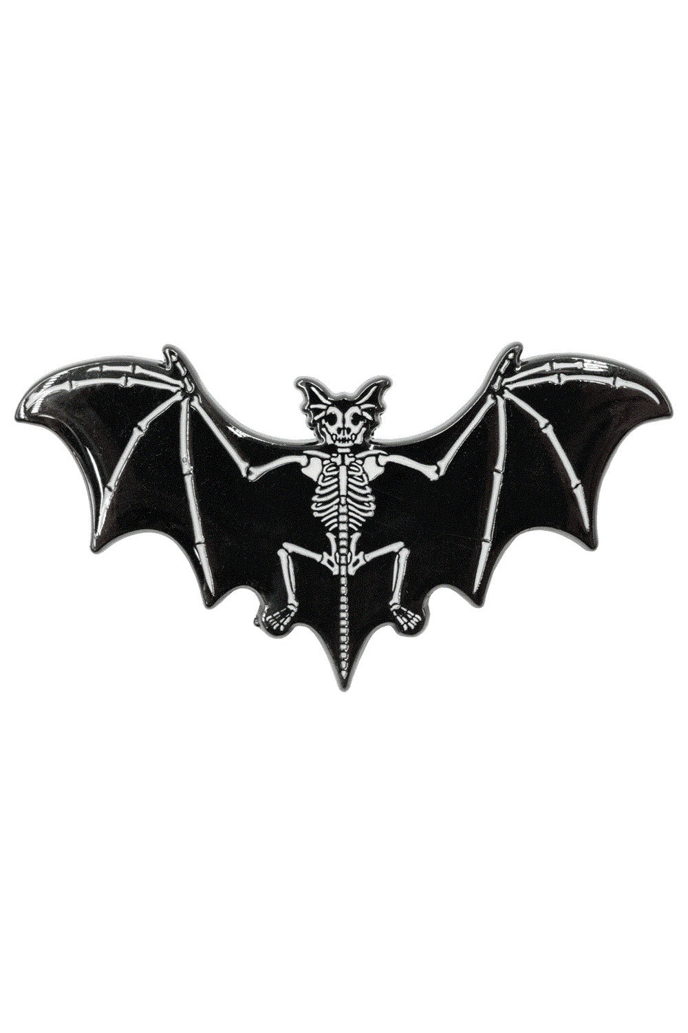 Black bat skeleton enamel pin on a white background