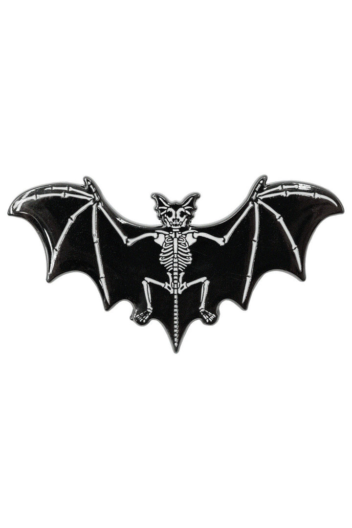 Black bat skeleton enamel pin on a white background
