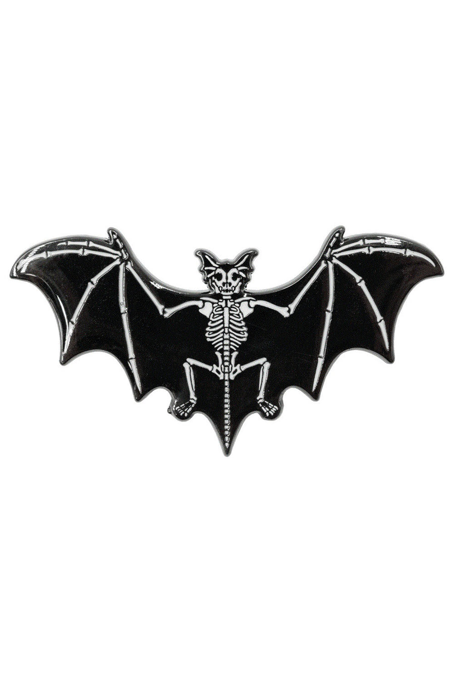 Black bat skeleton enamel pin on a white background