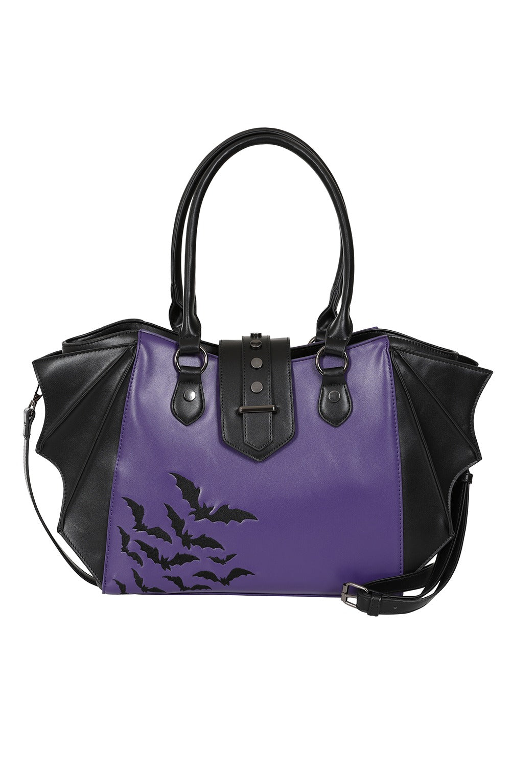 purple and black handbag with embroidered bats