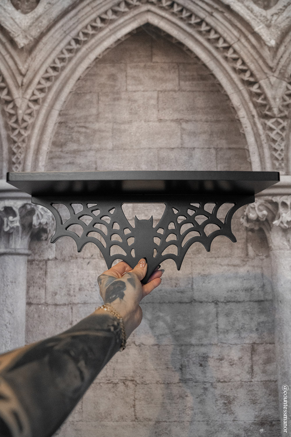 gothic black wood spiderweb shelf