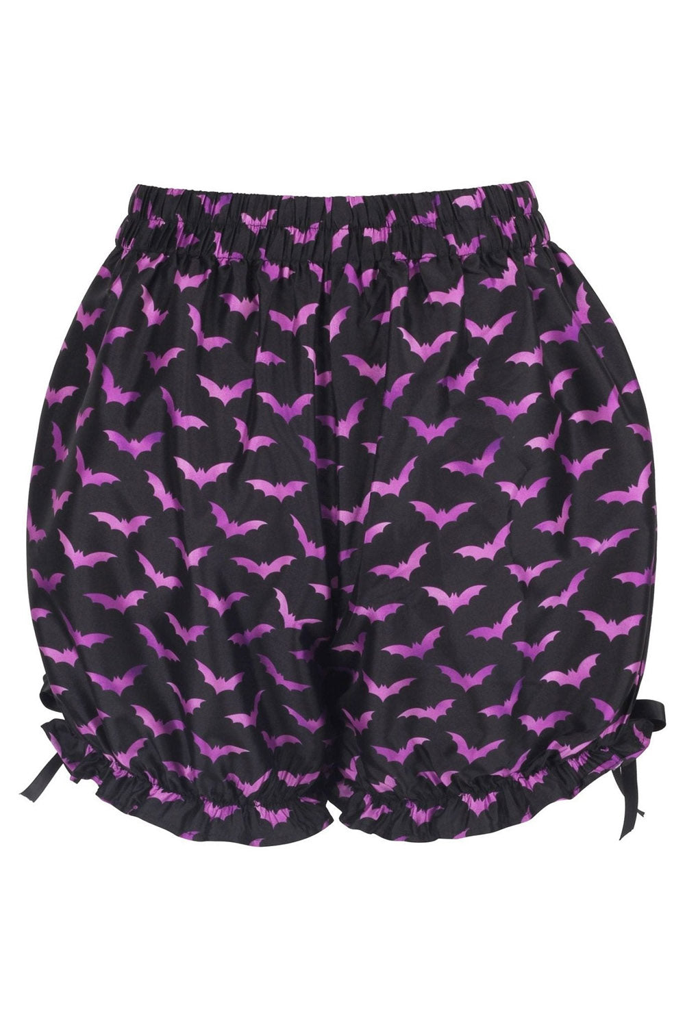 womens purple and black bat pattern bloomer shorts with bows