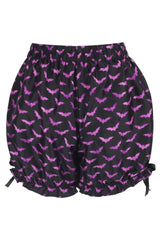 womens purple and black bat pattern bloomer shorts with bows
