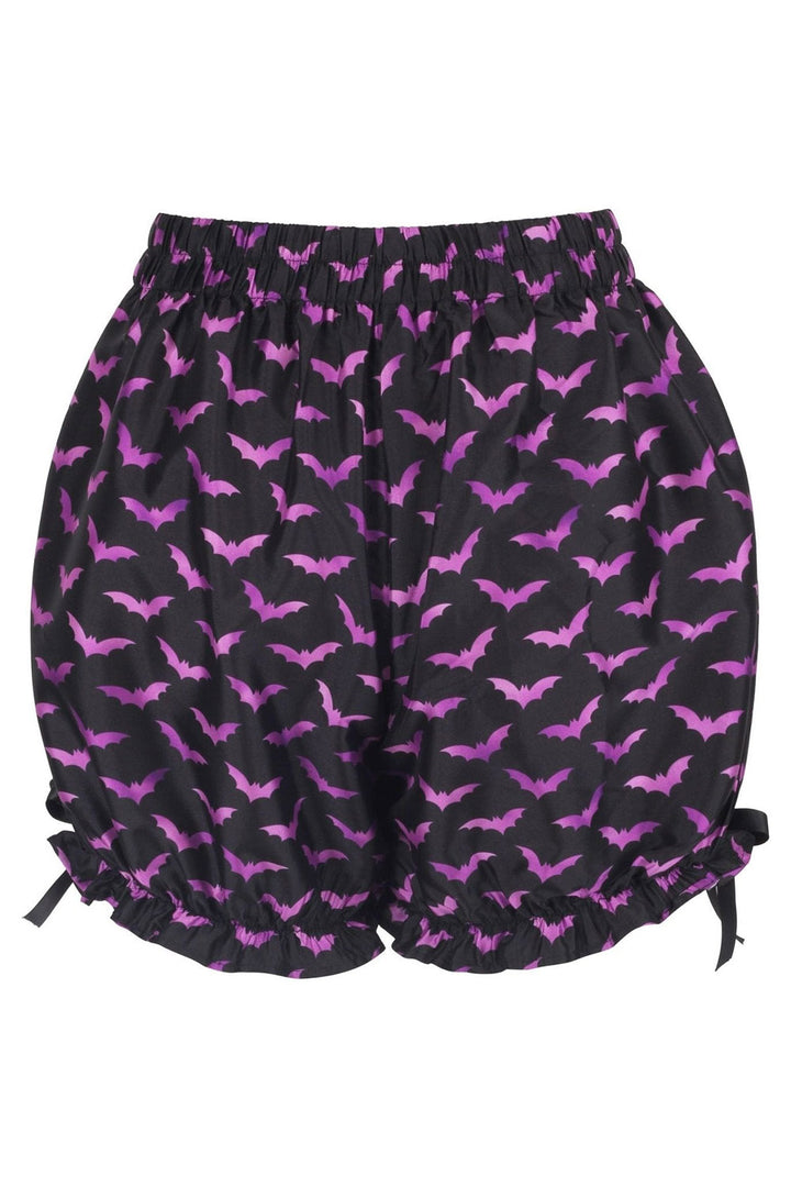 womens purple and black bat pattern bloomer shorts with bows