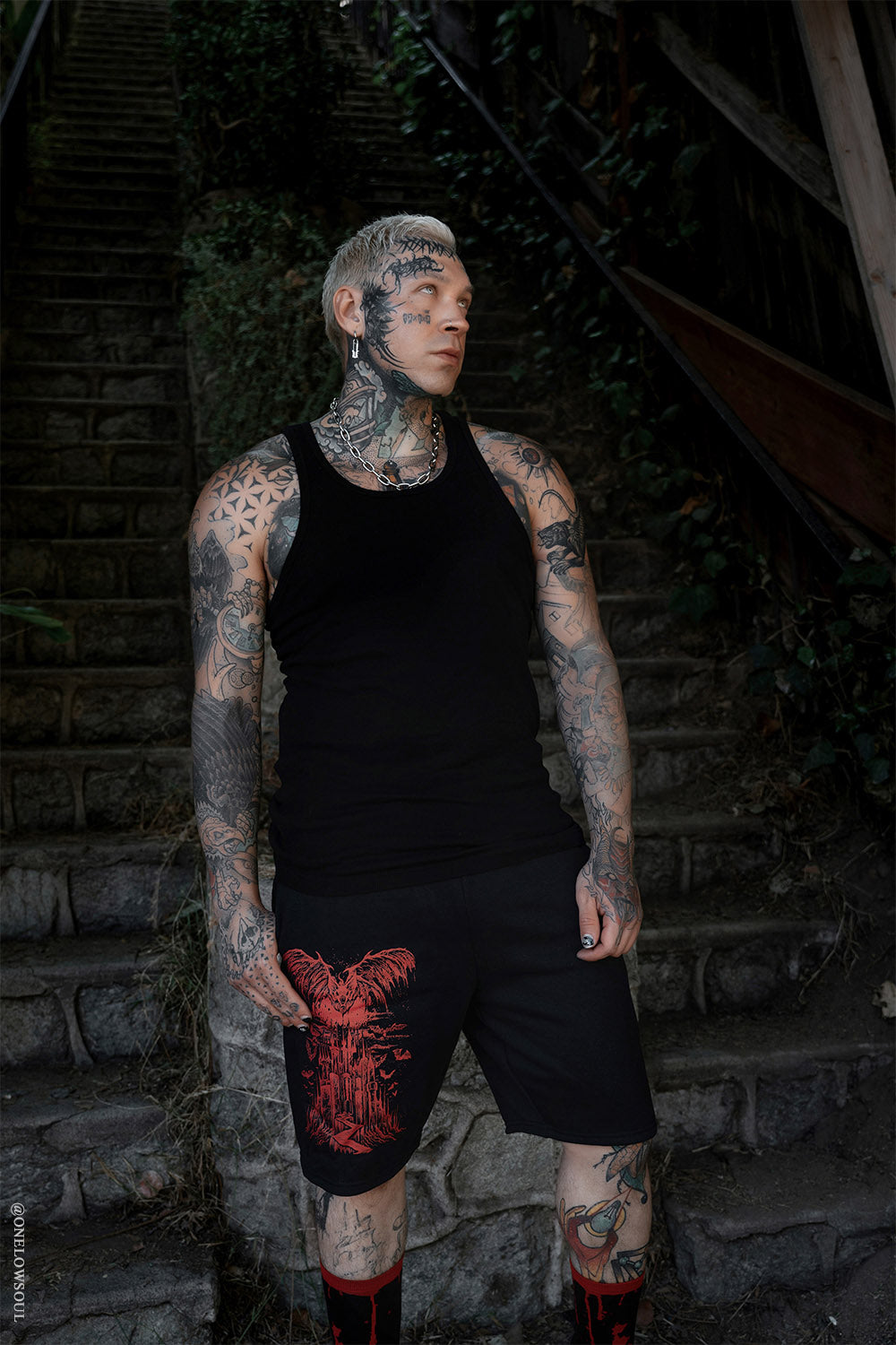 mens long black cotton punk workout shorts 