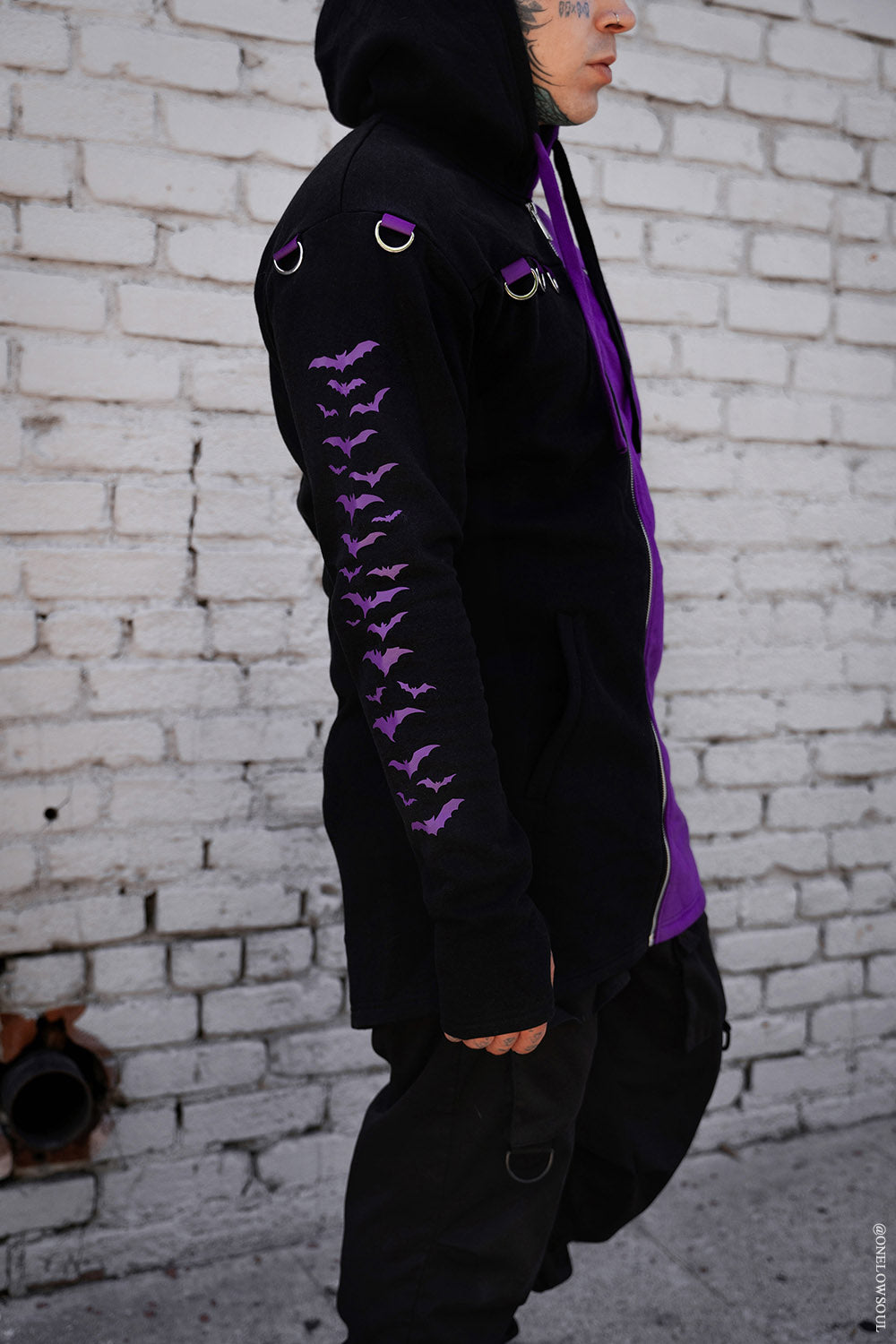 mens black and purple bat zipper hoodie with back vampire tail cut out 