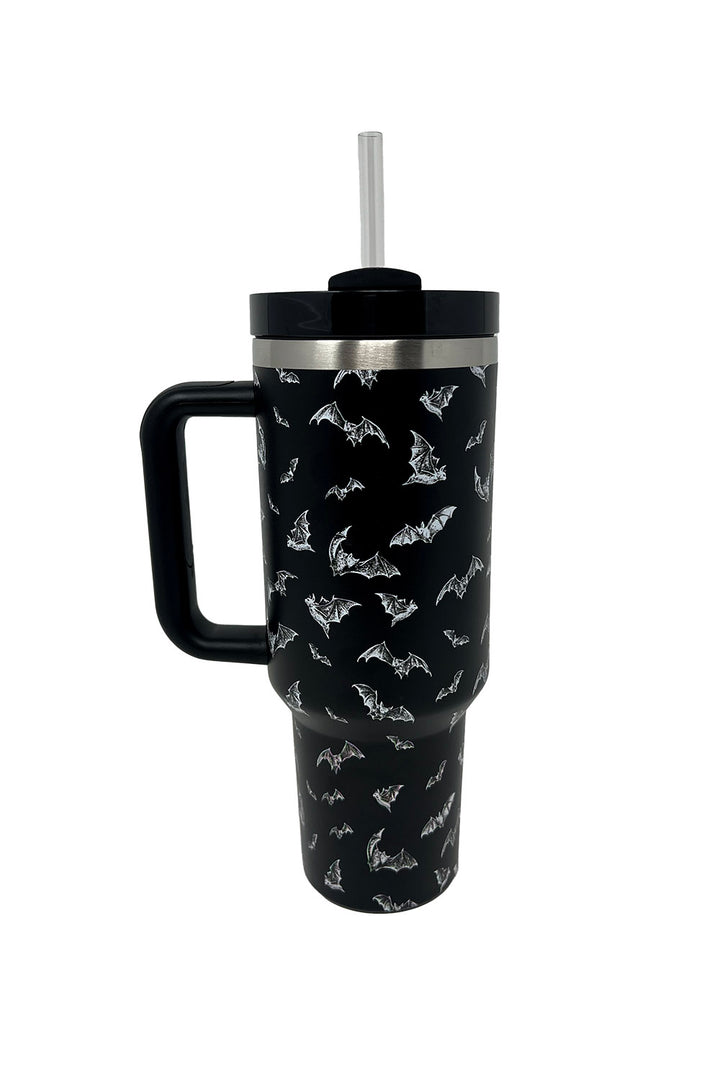 white and black vampire bat stainless steel travel cup