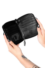 PU leather black wrist wallet clutch with bat detail