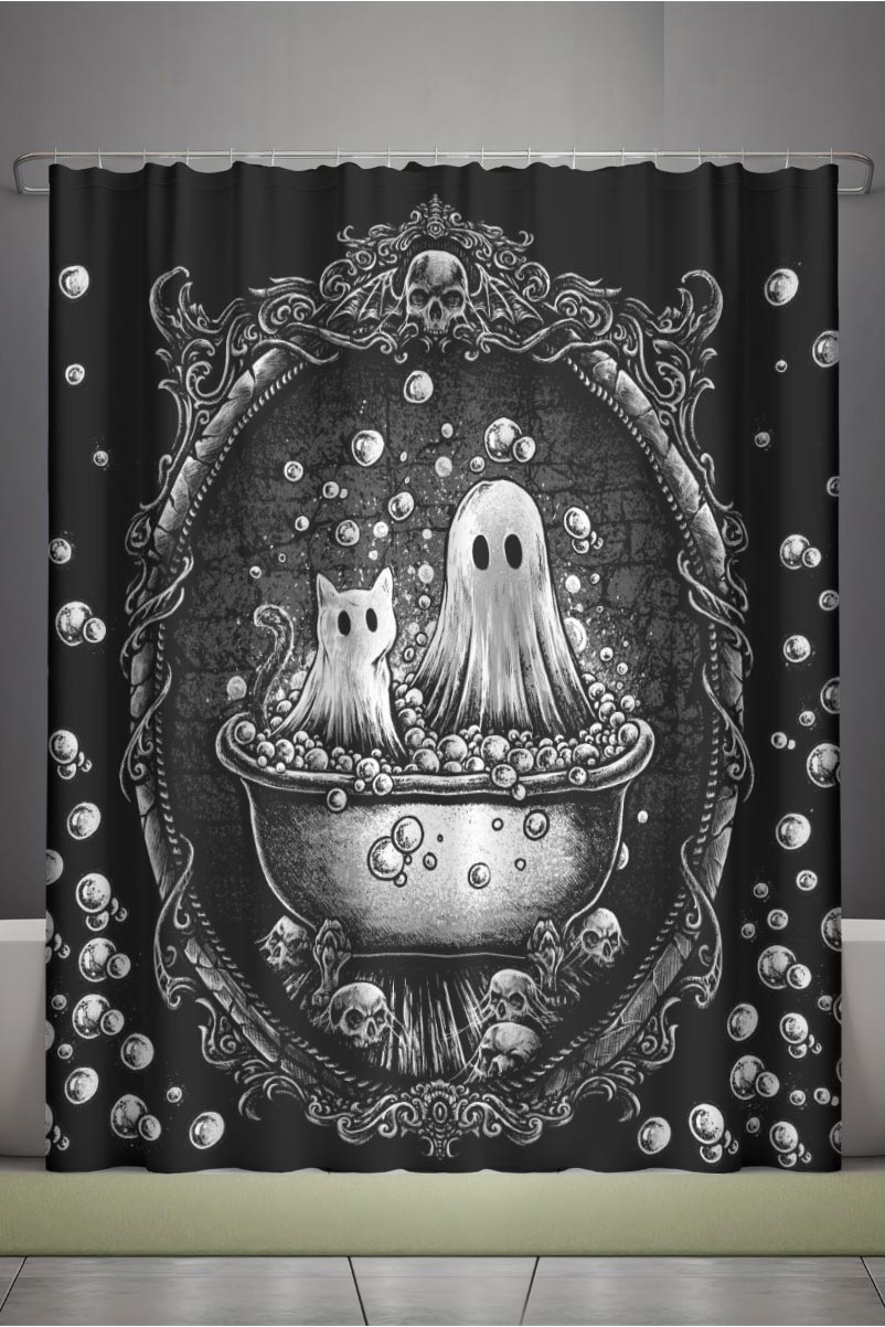 waterproof spooky gothic ghost and cat shower curtain by vampirefreaks 