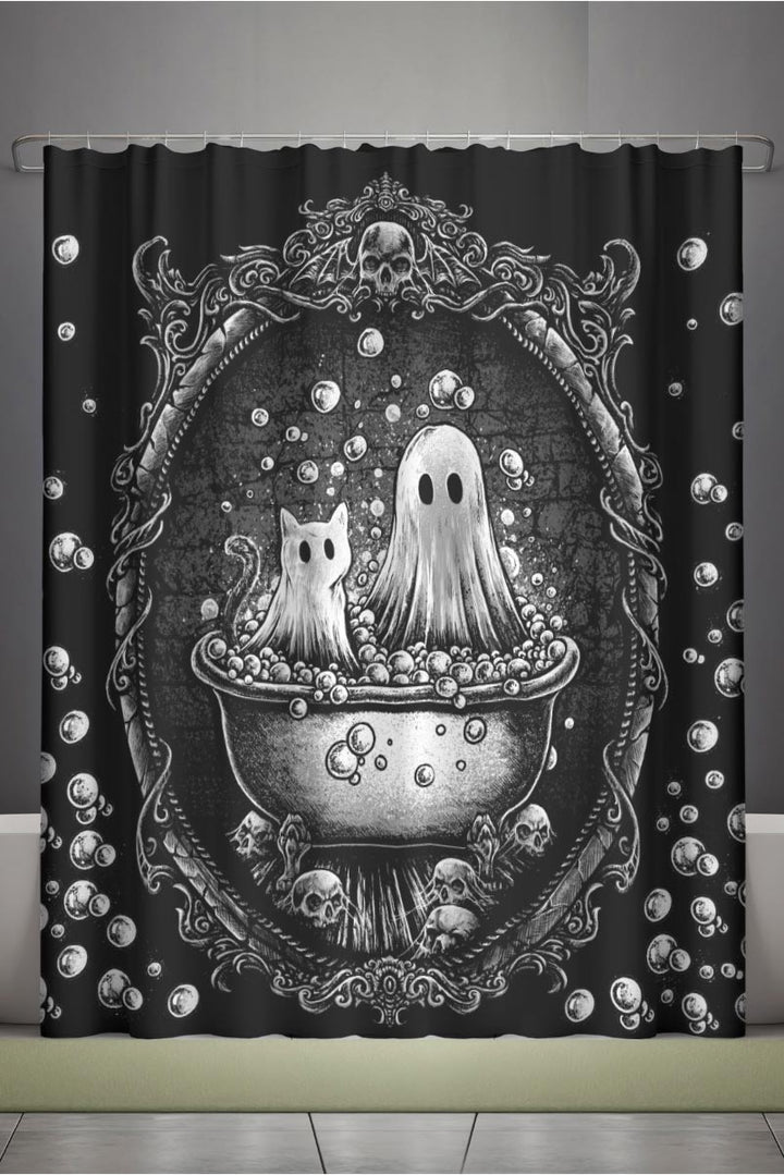 waterproof spooky gothic ghost and cat shower curtain by vampirefreaks 