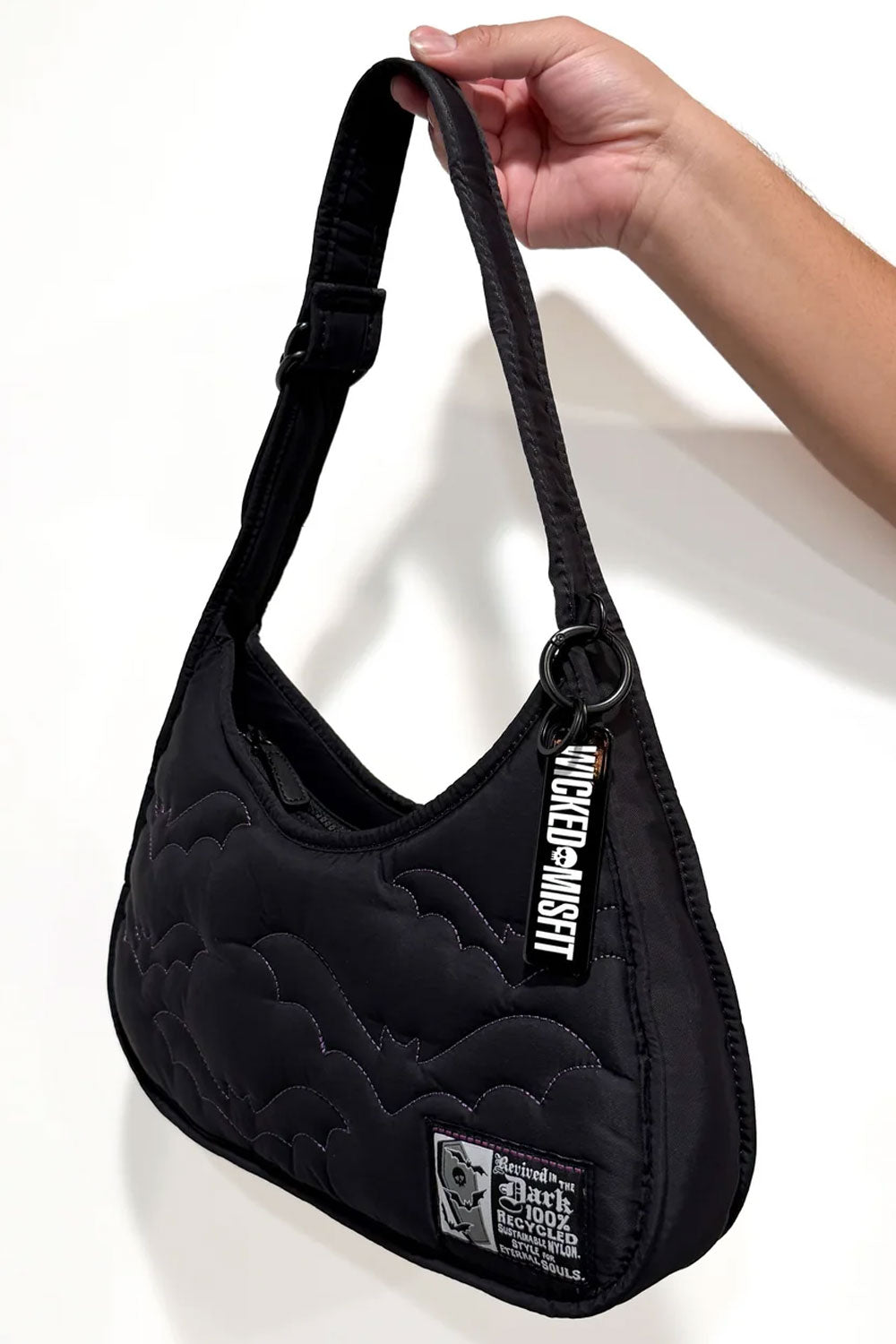Cute goth emo shoulder bag purse with purple stitched bats