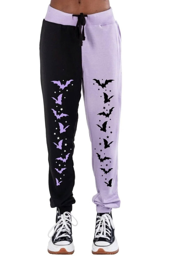 Bats and Stars Two Tone Purple and Black Sweatpants - womens bottoms - VampireFreaks - Too Fast