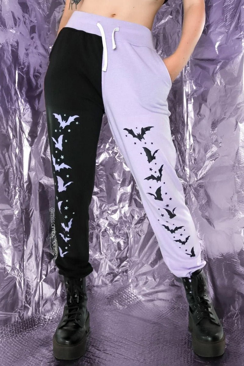 Bats and Stars Two Tone Purple and Black Sweatpants - womens bottoms - VampireFreaks - Too Fast