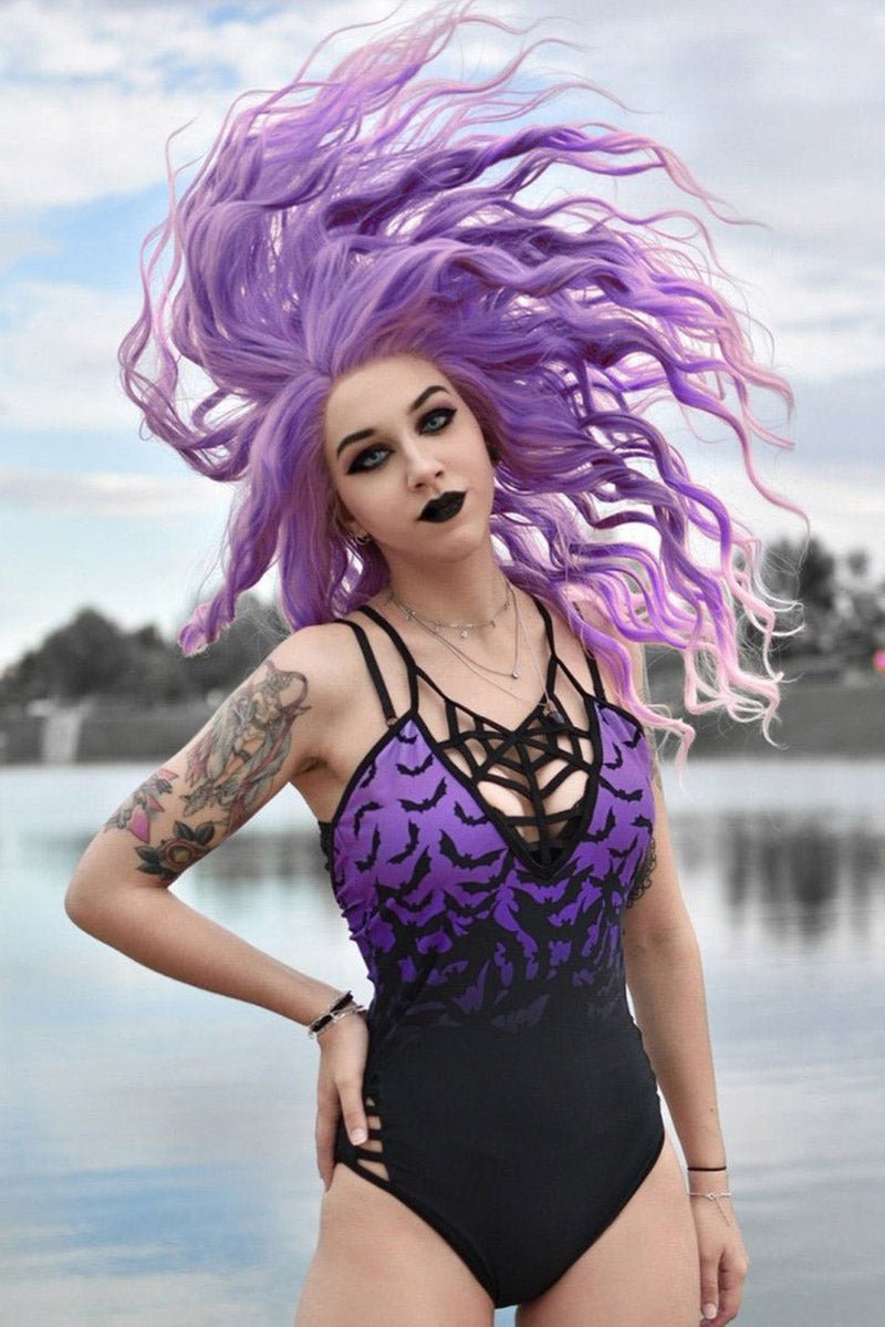 Bats in Purple Sky One Piece Swimsuit [BLACK/PURPLE] - womens swimwear - VampireFreaks - Too Fast