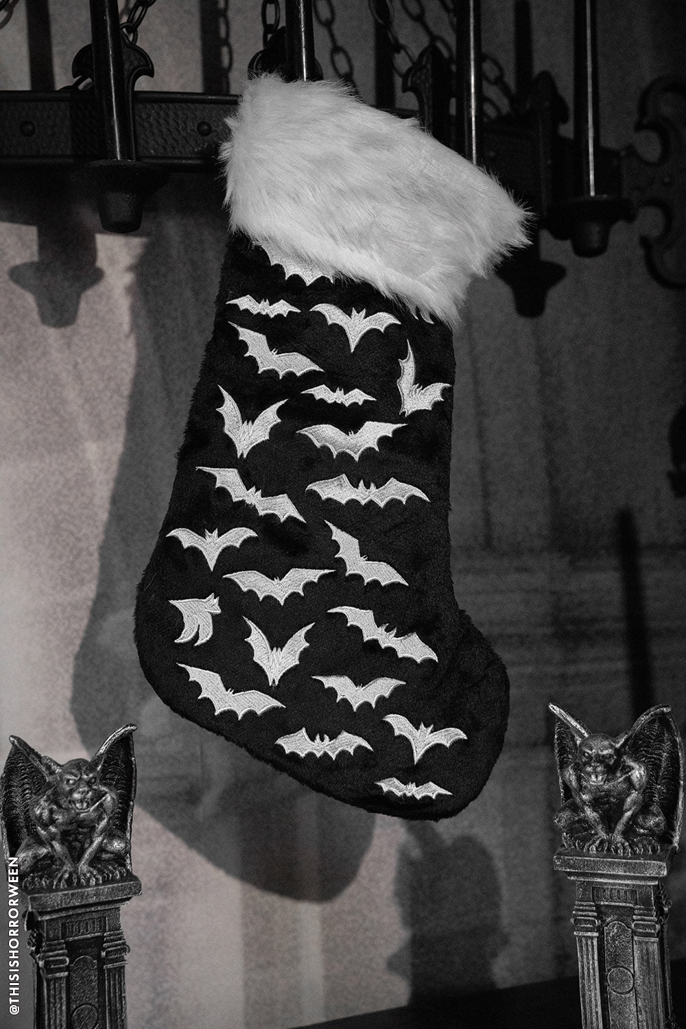 bat christmas stocking with white faux fur