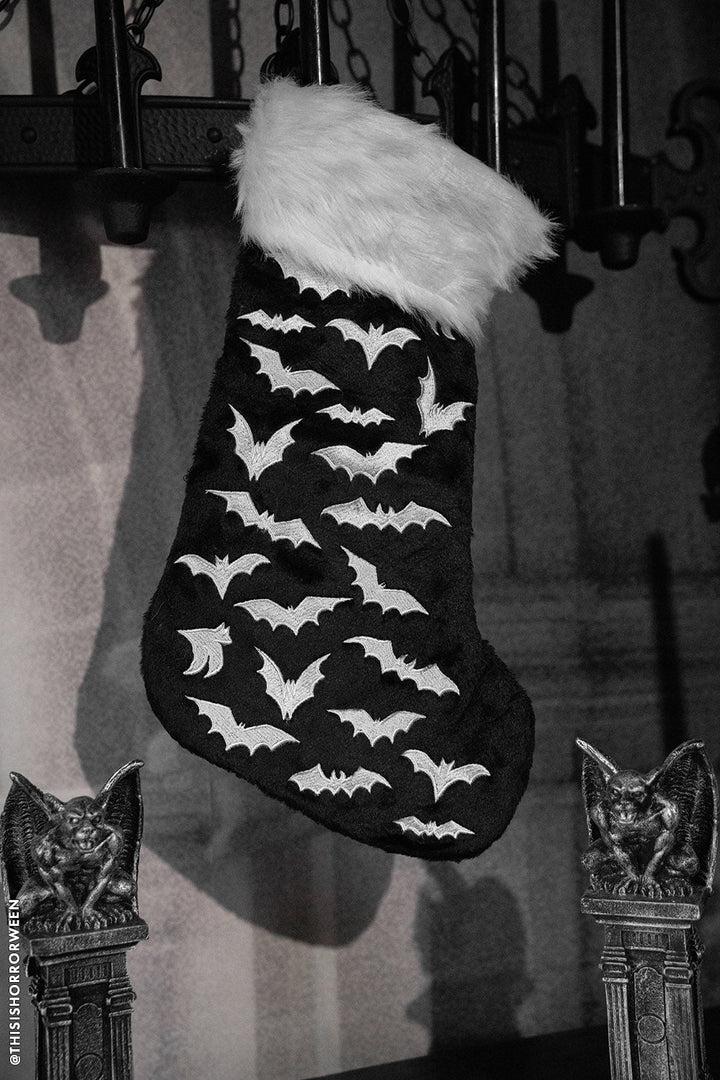 bat christmas stocking with white faux fur