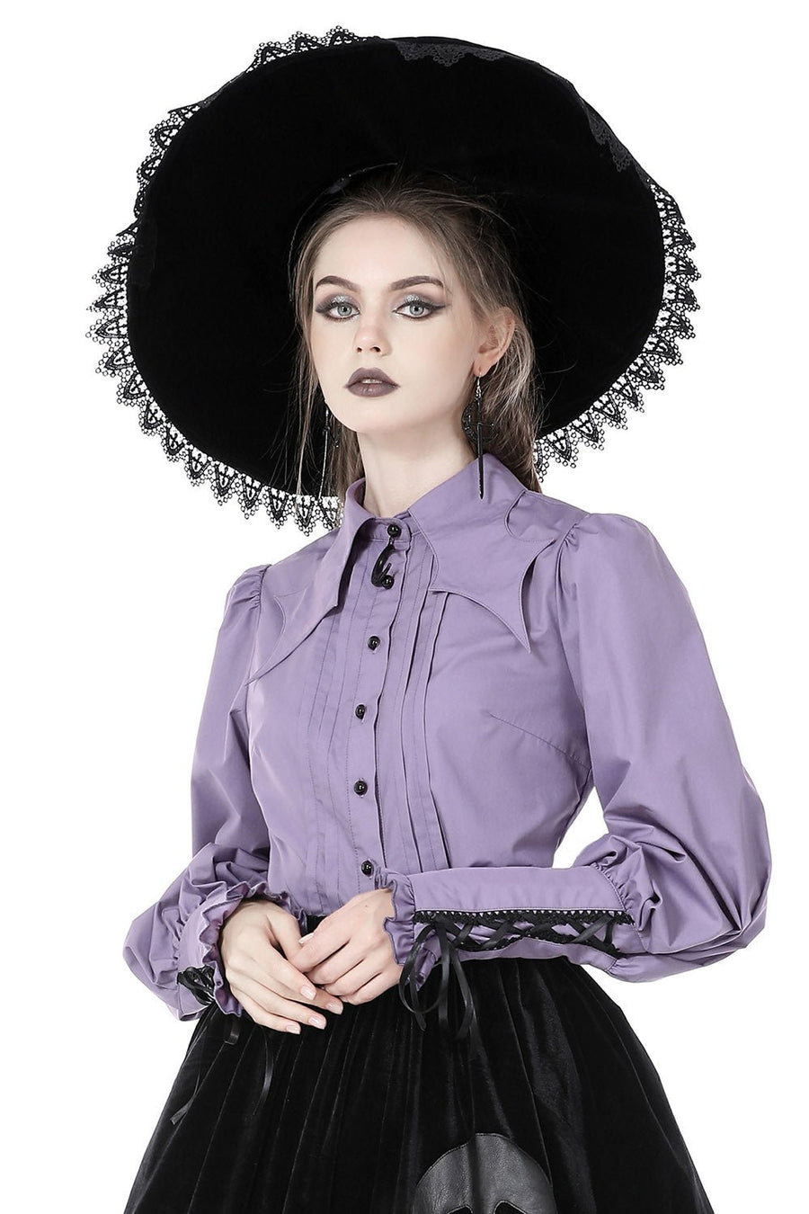 Batwing Collar Button - Up Blouse - womens tops - VampireFreaks - Dark In Love