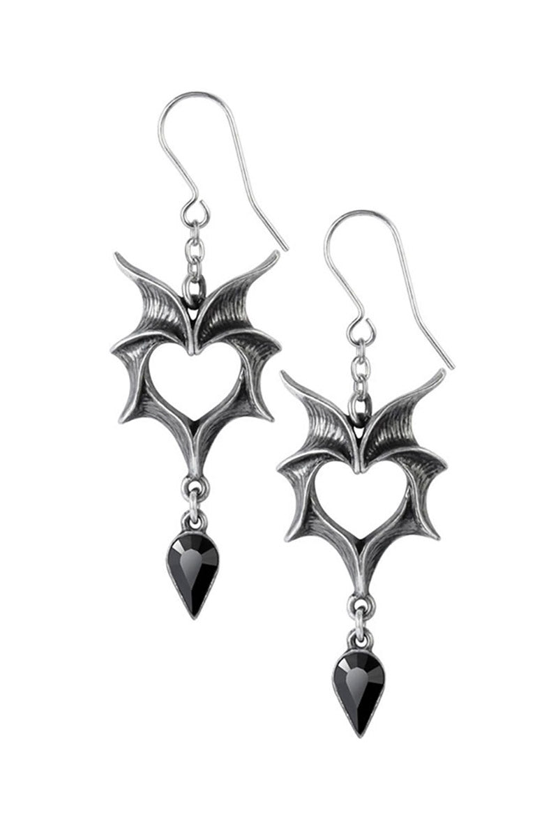 Pair of silver bat-shaped earrings with black accents on a white background