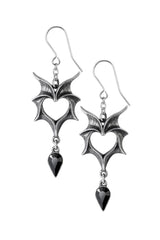 Pair of silver bat-shaped earrings with black accents on a white background
