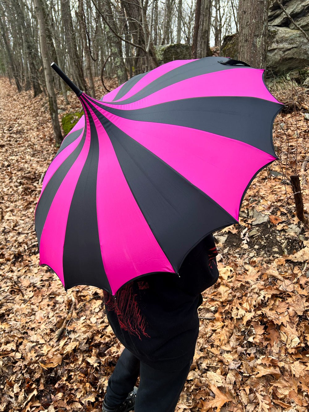 Batwing Pagoda Umbrella [BLACK/HOT PINK STRIPED] - umbrellas - VampireFreaks - VampireFreaks