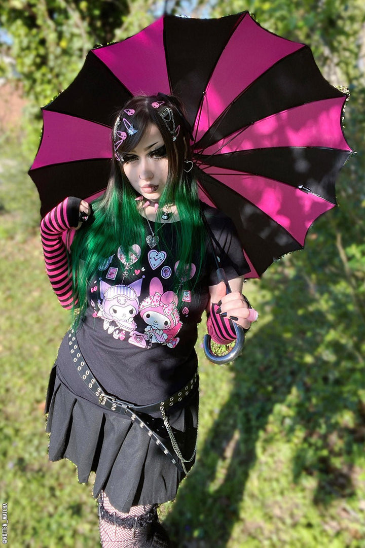 Batwing Pagoda Umbrella [BLACK/HOT PINK STRIPED] - umbrellas - VampireFreaks - VampireFreaks