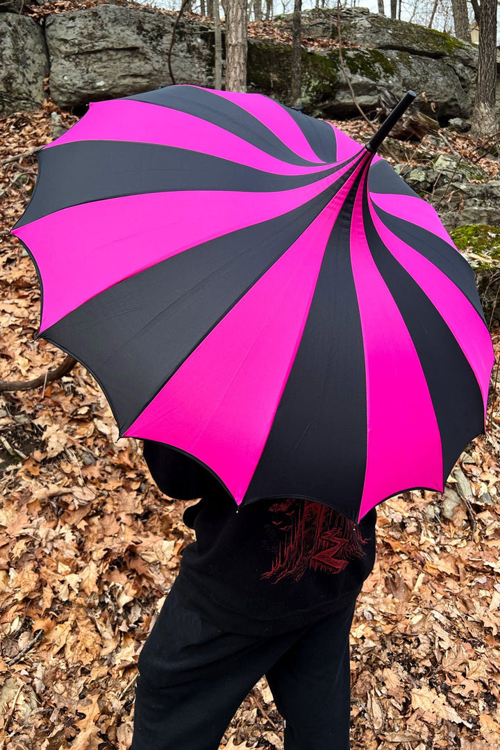 Batwing Pagoda Umbrella [BLACK/HOT PINK STRIPED] - umbrellas - VampireFreaks - VampireFreaks