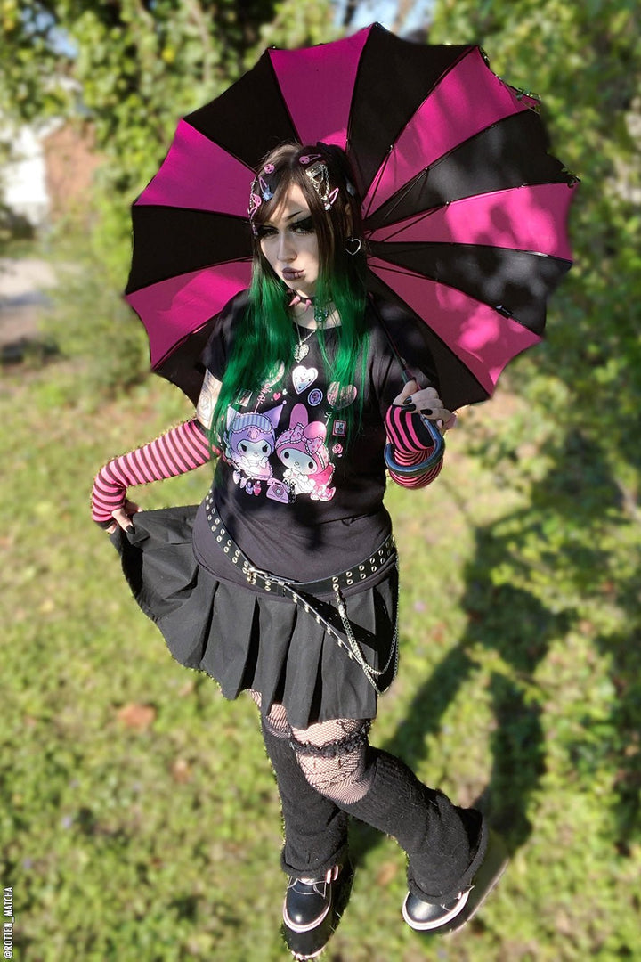 Batwing Pagoda Umbrella [BLACK/HOT PINK STRIPED] - umbrellas - VampireFreaks - VampireFreaks