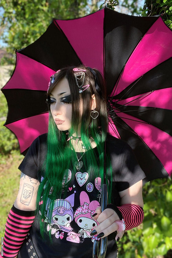 Batwing Pagoda Umbrella [BLACK/HOT PINK STRIPED] - umbrellas - VampireFreaks - VampireFreaks