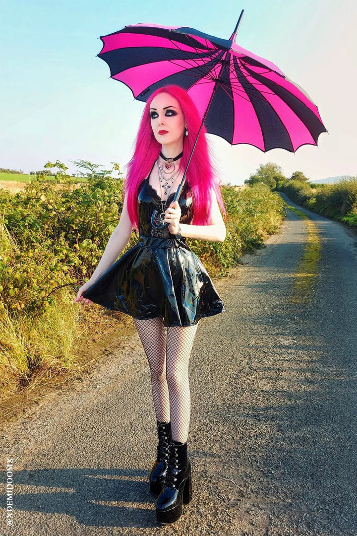 Batwing Pagoda Umbrella [BLACK/HOT PINK STRIPED] - umbrellas - VampireFreaks - VampireFreaks