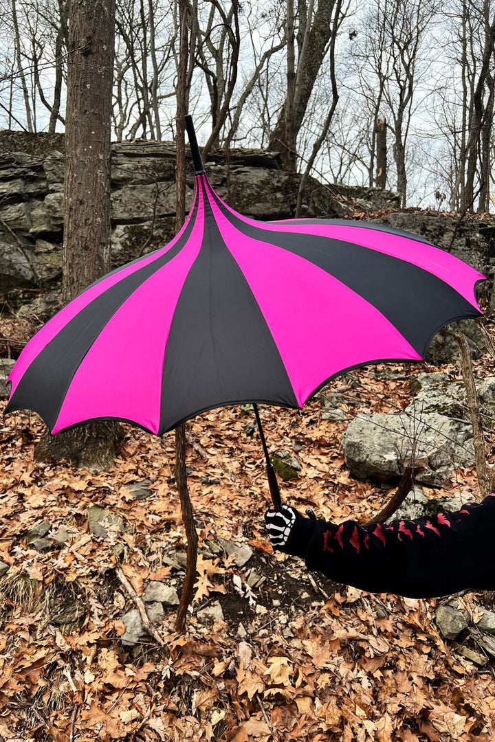 Batwing Pagoda Umbrella [BLACK/HOT PINK STRIPED] - umbrellas - VampireFreaks - VampireFreaks