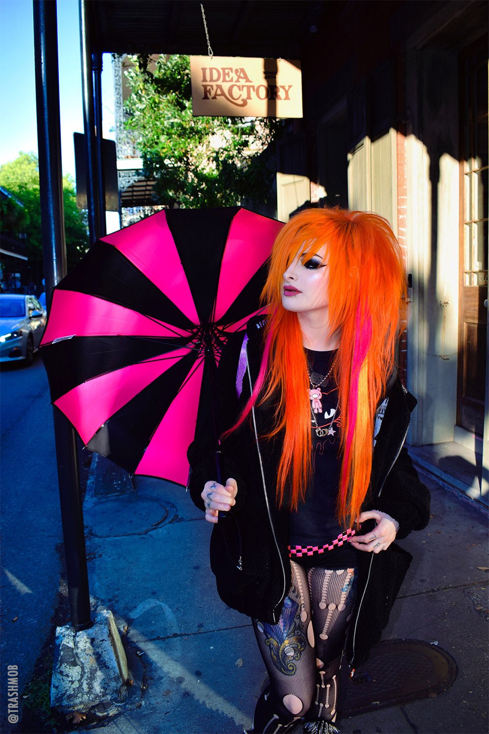 Batwing Pagoda Umbrella [BLACK/HOT PINK STRIPED] - umbrellas - VampireFreaks - VampireFreaks