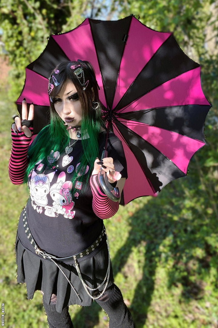 Batwing Pagoda Umbrella [BLACK/HOT PINK STRIPED] - umbrellas - VampireFreaks - VampireFreaks