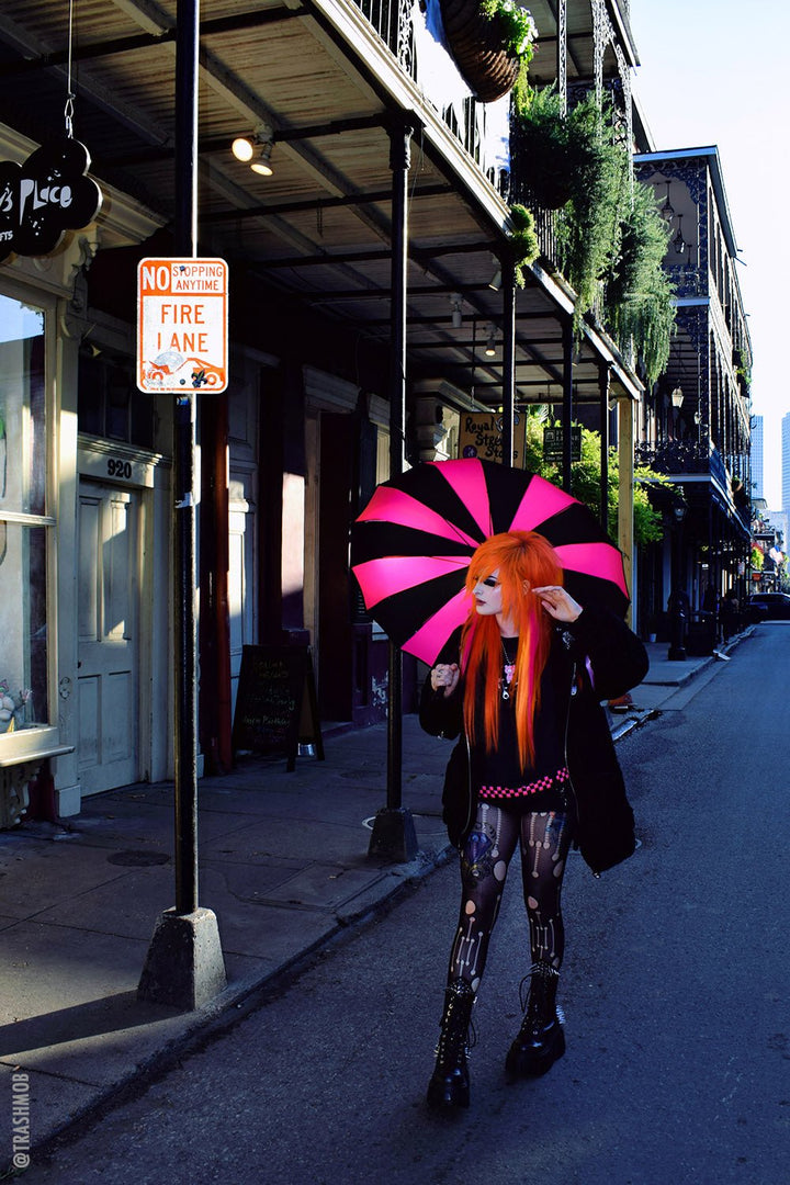 Batwing Pagoda Umbrella [BLACK/HOT PINK STRIPED] - umbrellas - VampireFreaks - VampireFreaks