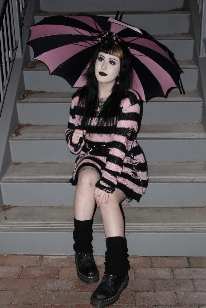 Batwing Pagoda Umbrella [BLACK/PASTEL PINK STRIPED] - umbrellas - VampireFreaks - VampireFreaks