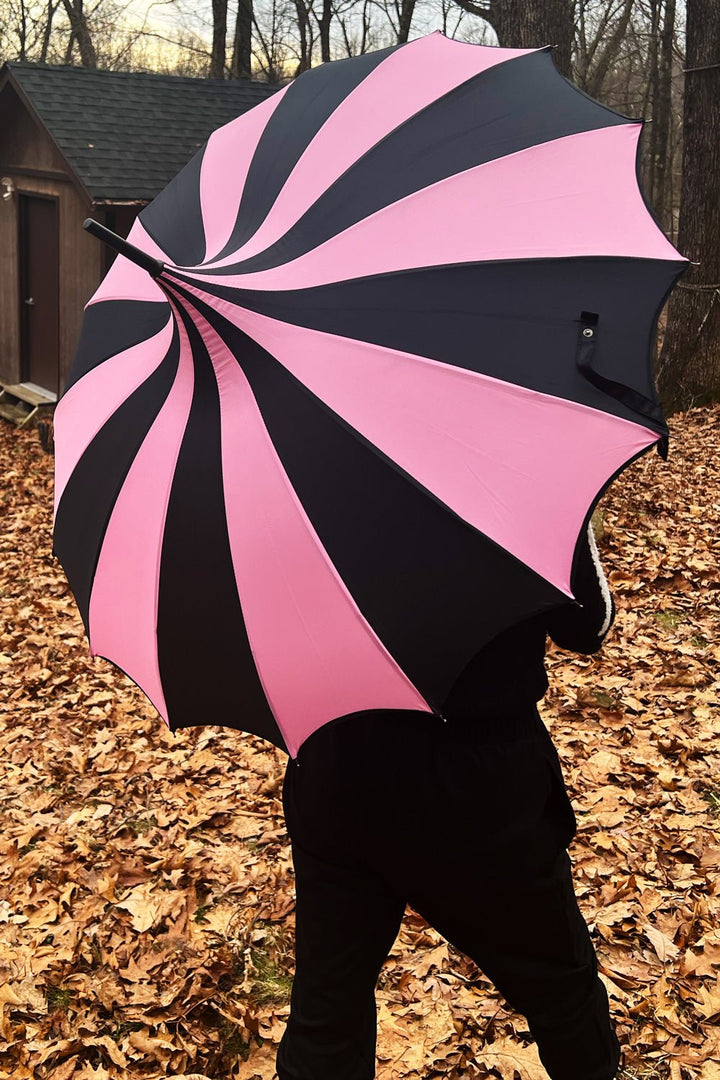 Batwing Pagoda Umbrella [BLACK/PASTEL PINK STRIPED] - umbrellas - VampireFreaks - VampireFreaks