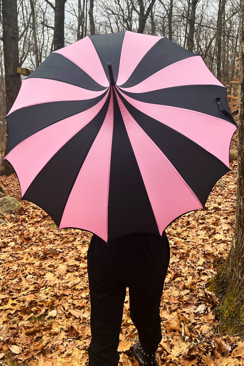 Batwing Pagoda Umbrella [BLACK/PASTEL PINK STRIPED] - umbrellas - VampireFreaks - VampireFreaks