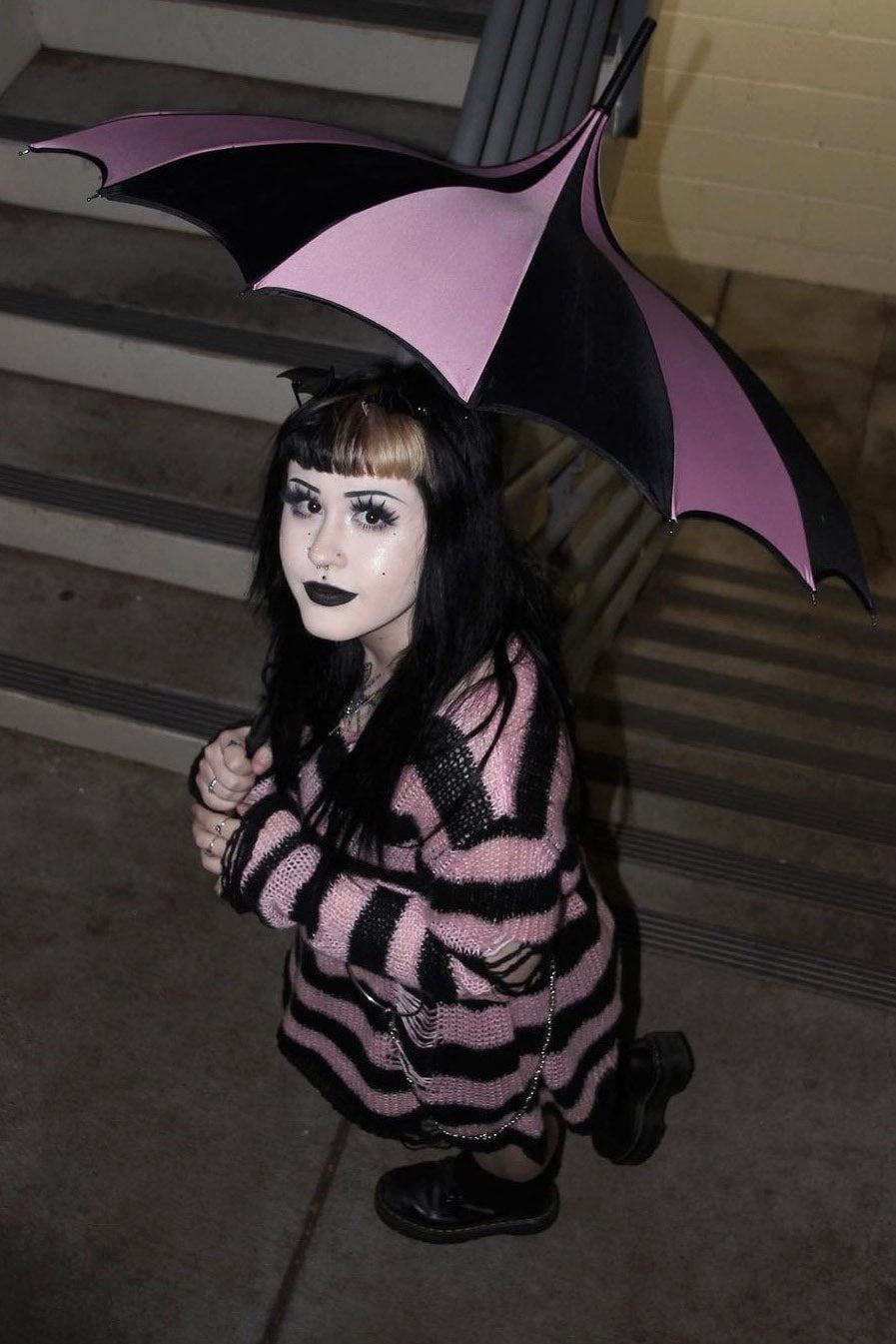 Batwing Pagoda Umbrella [BLACK/PASTEL PINK STRIPED] - umbrellas - VampireFreaks - VampireFreaks