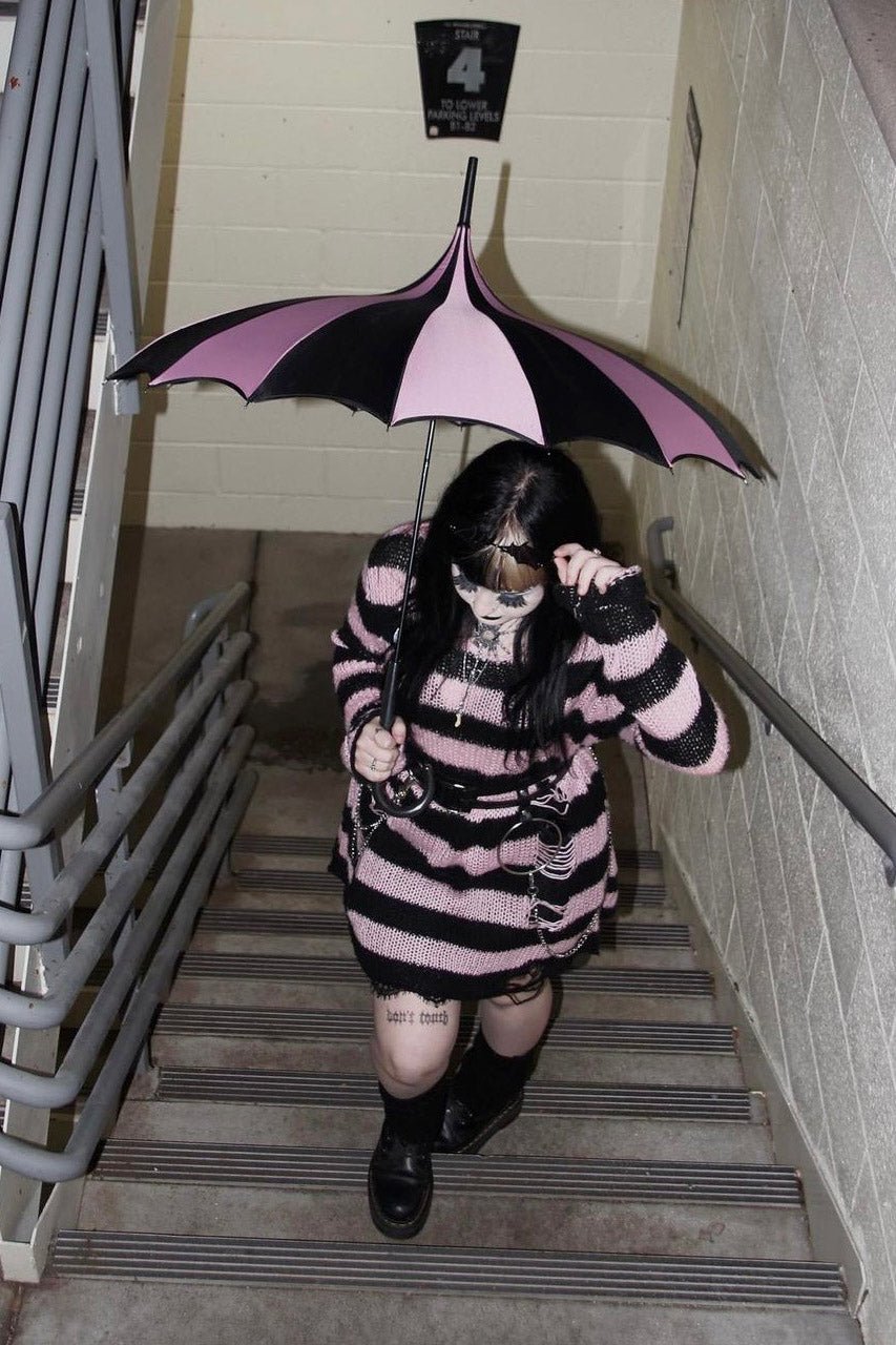 Batwing Pagoda Umbrella [BLACK/PASTEL PINK STRIPED] - umbrellas - VampireFreaks - VampireFreaks