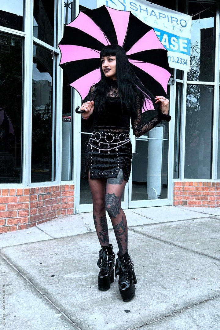 Batwing Pagoda Umbrella [BLACK/PASTEL PINK STRIPED] - umbrellas - VampireFreaks - VampireFreaks