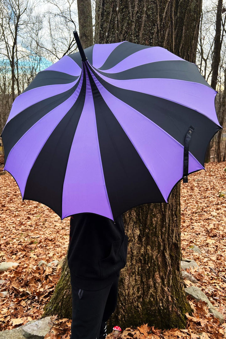 Batwing Pagoda Umbrella [BLACK/PURPLE STRIPED] - umbrellas - VampireFreaks - VampireFreaks