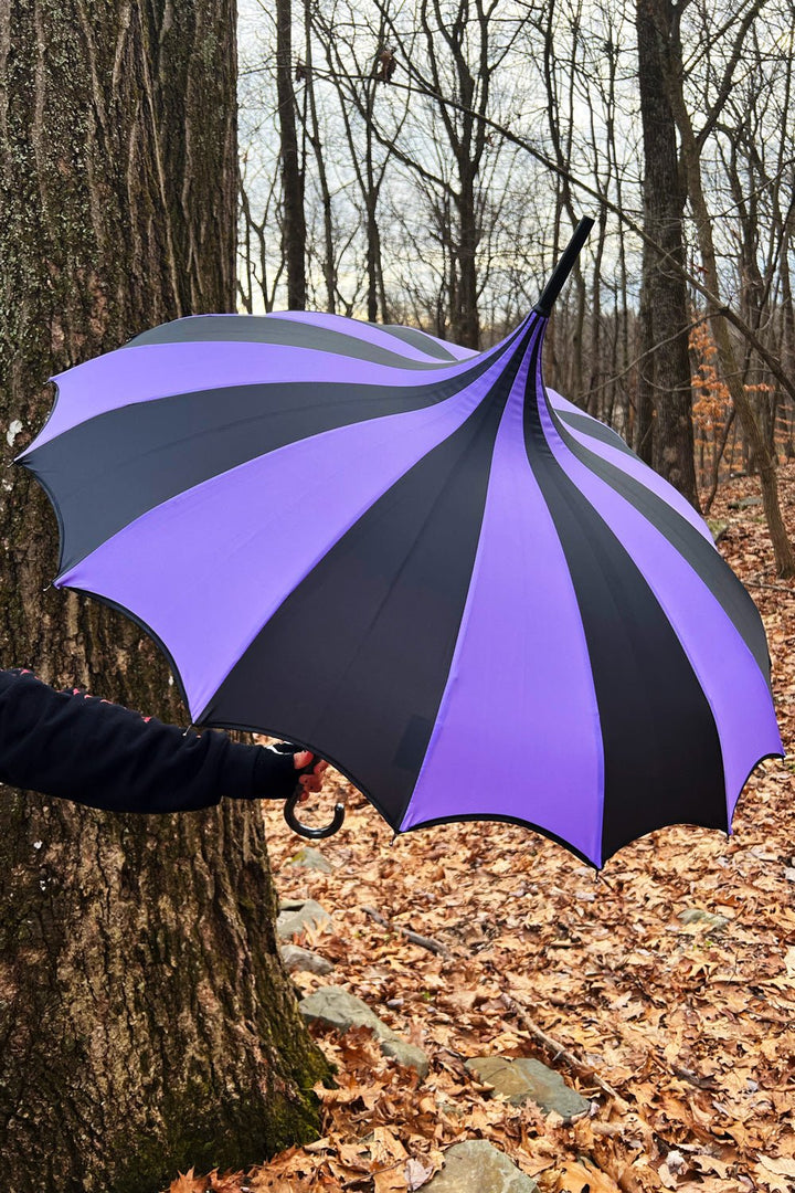 Batwing Pagoda Umbrella [BLACK/PURPLE STRIPED] - umbrellas - VampireFreaks - VampireFreaks